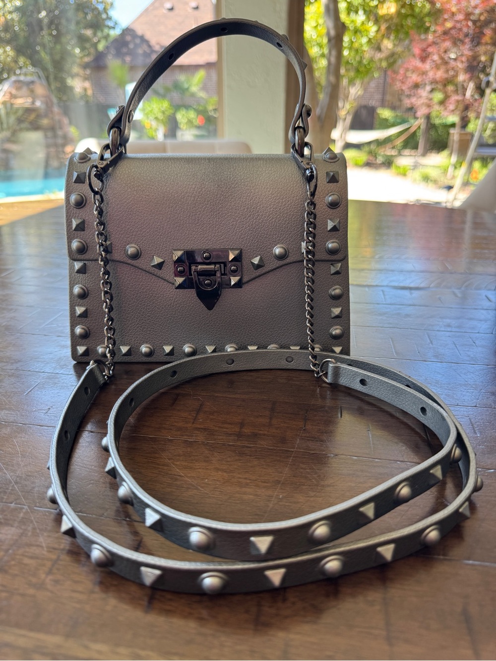 Gray/Silver Studded Handbag and Crossbody Bag with Gunmetal Hardware - Picture 4 of 9
